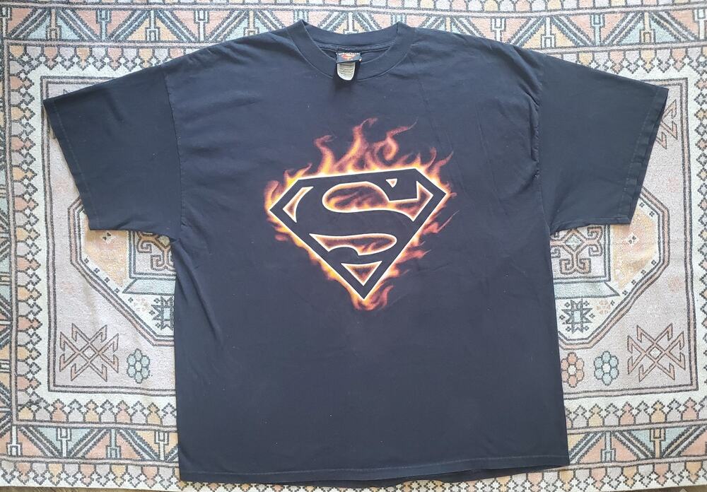 Warner Bros 2004 Superman Logo Fire Flame Black Shirt 2XL